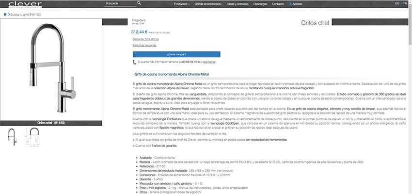 Ficha Grifería optimizada en la página web